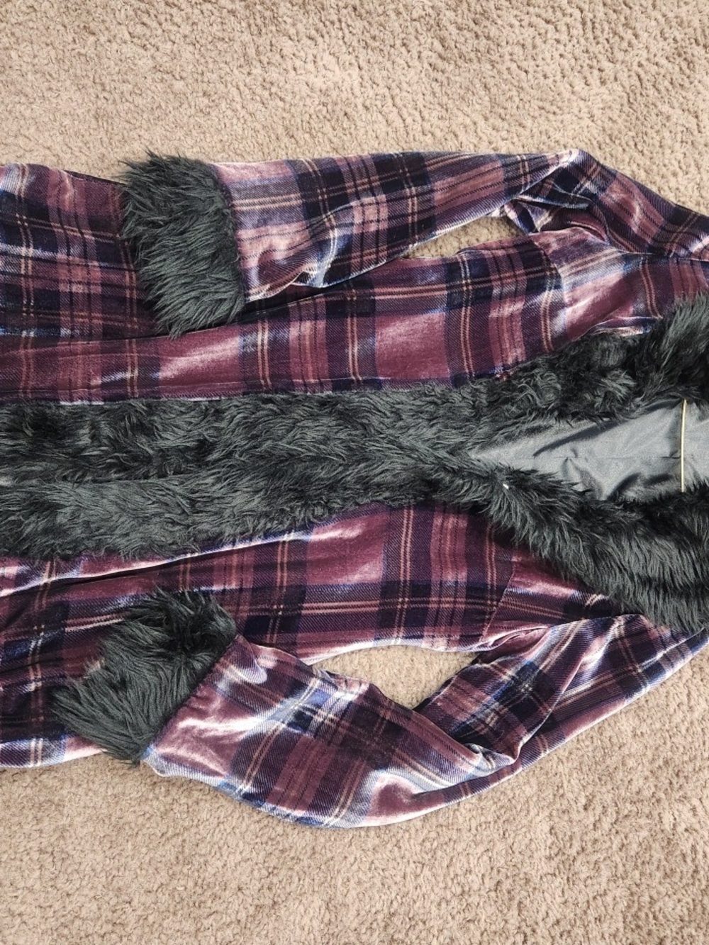 Betsey Johnson Purple Plaid Velvet Trench with Gray Faux-Fur Trim